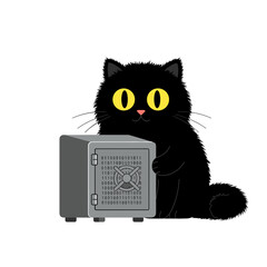 Flat icon of black fluffy cat guarding safe box with binary code, isolated