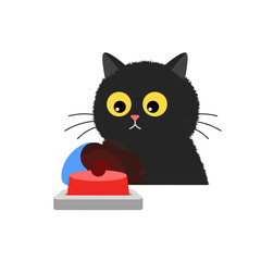 Flat icon of black fluffy cat pressing big red alert button, cybersecurity threat, isolated