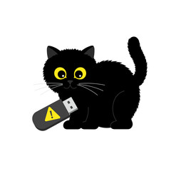 Flat icon of black fluffy cat sniffing USB stick with warning sign, isolated