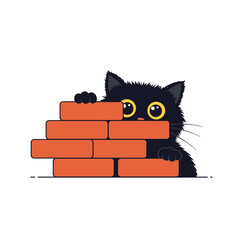 Flat icon of black fluffy cat hiding behind firewall bricks, isolated