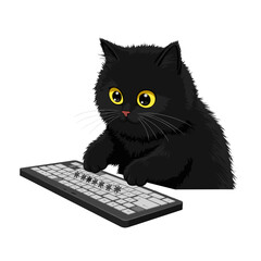 Flat icon of black fluffy cat with round yellow eyes typing a password on virtual keyboard, isolated