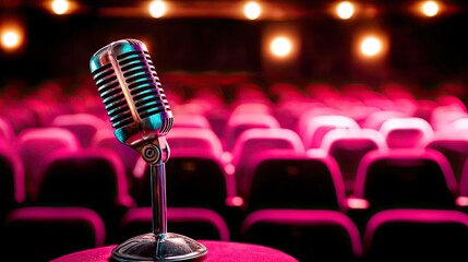 Vintage Microphone on Stand in Empty Theater with Dramatic Lighting and Colorful Seats for Music and Performance Themes