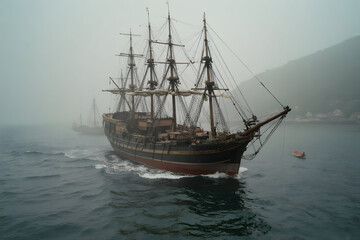 Sailing Ship Navigating Foggy Waters Near Coastline