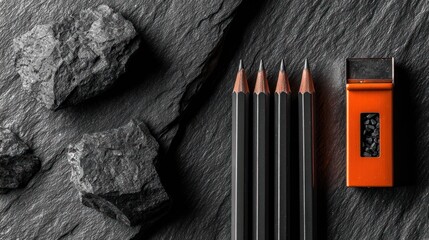 Dark pencils and sharpener on stone