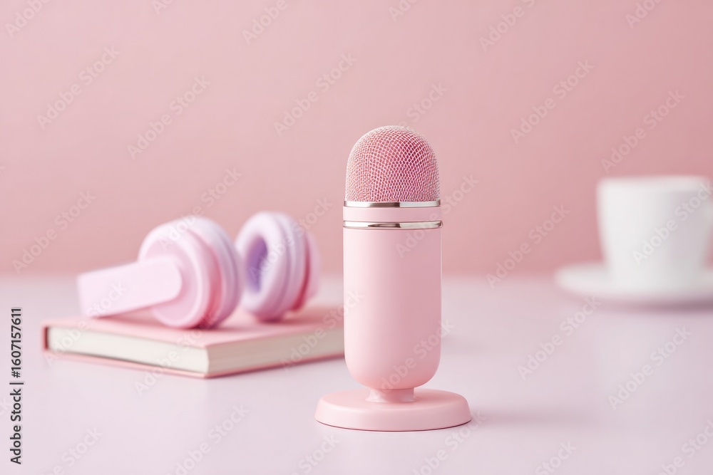 Poster minimalistic setup with microphone on clean desk notebook alongside and pair of headphones creating 
