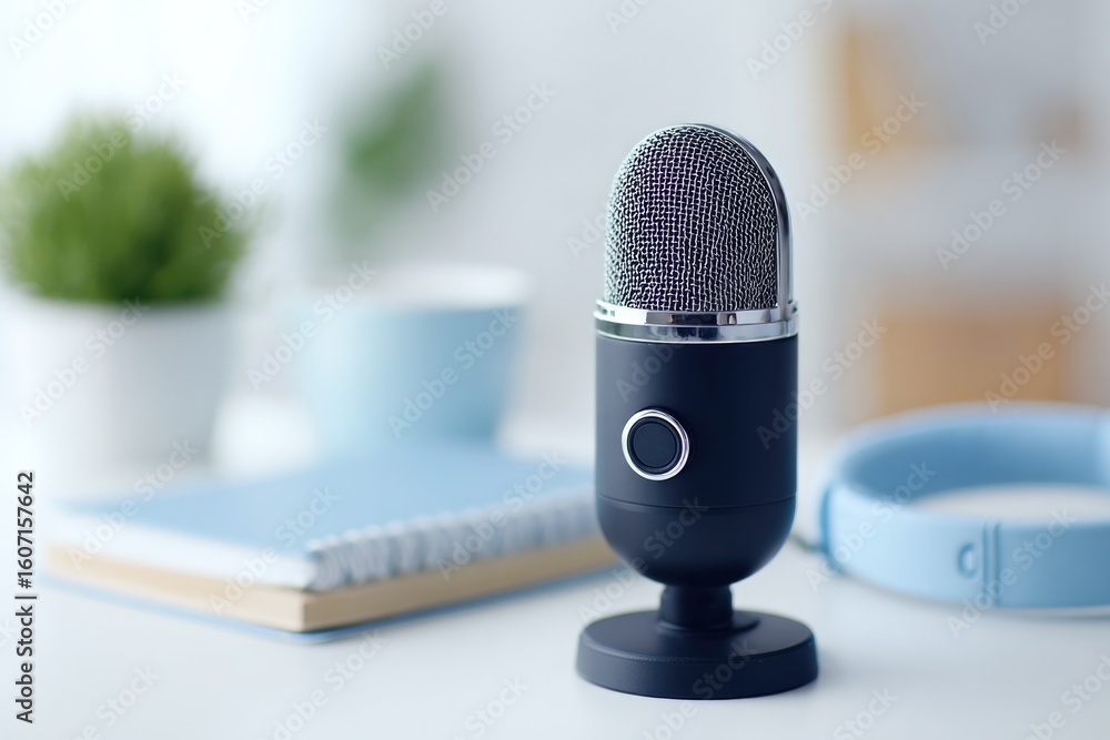Poster minimalistic setup with microphone on clean desk notebook alongside and pair of headphones creating 