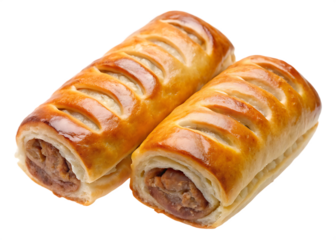 photograph of two sausage rolls isolated on white and transparent background