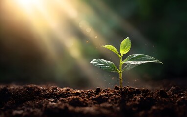 Tiny plant seedling sprouting from rich soil, symbolizing new beginnings, growth, and nature's resilience
