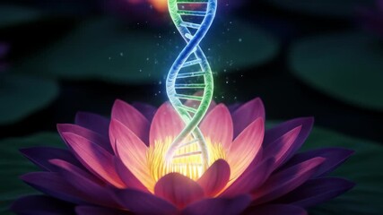 Glowing DNA Helix Emerging from Pink Lotus Flower - Powered by Adobe