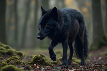 Walking Black Wolf in Forest Undergrowth