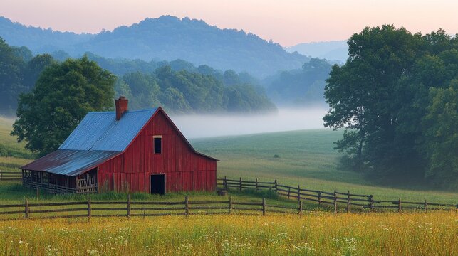 Misty morning farm scene with red barn