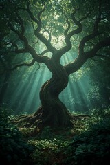 Mystical, ancient tree in a sunlit, misty forest.