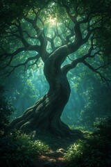Ancient, mystical tree bathed in ethereal sunlight, its gnarled branches reaching towards the heavens in a dense, verdant forest.