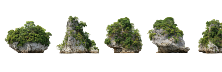 Rocky outcrops covered in lush vegetation
