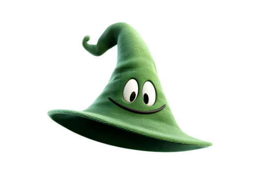 A laughing witch’s hat with blinking eyes and bouncing brim, 3d animation, isolated on a white background, in a simple style, with a transparent PNG