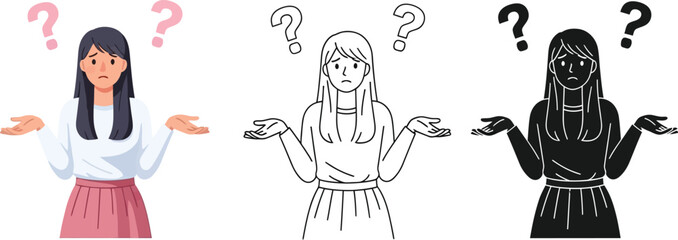 Confused woman shrugging shoulders with question marks illustration in different styles