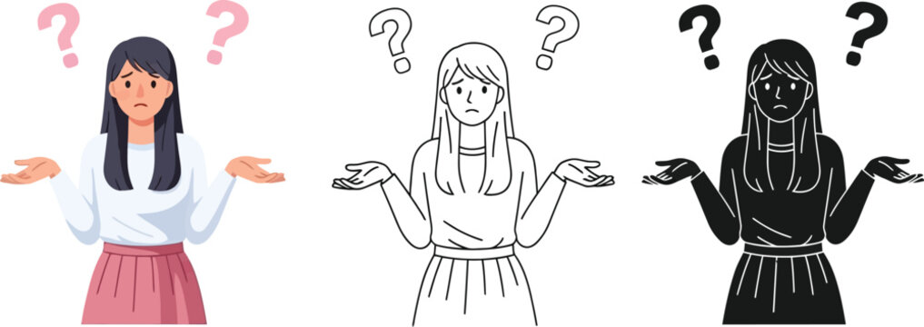 Confused woman shrugging shoulders with question marks illustration in different styles