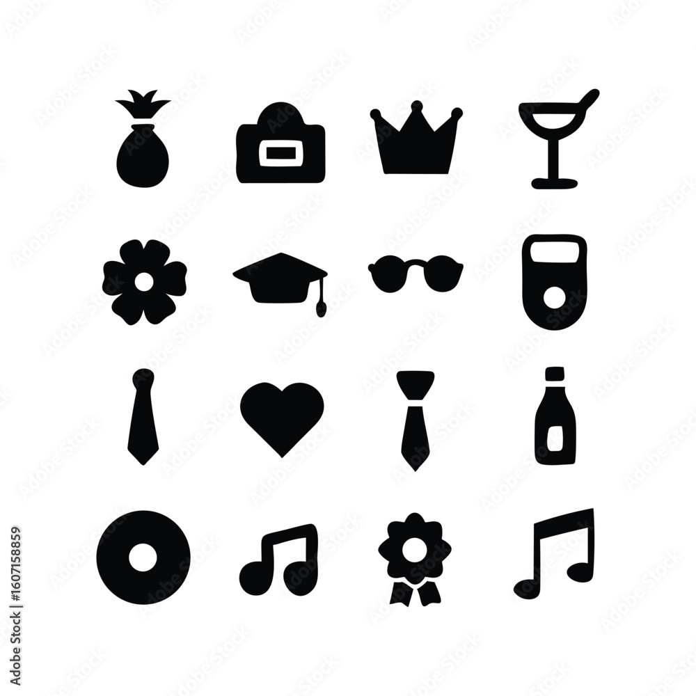 Poster collection of black silhouette icons representing various objects and symbols on a white background