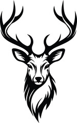 Reindeer head logo. Stylized vector illustration of a majestic wildlife animal. Emblem for a hunting club, outdoor brand, or powerful tattoo design, isolated on white background.