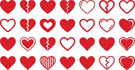Collection of red hearts isolated on transparent background