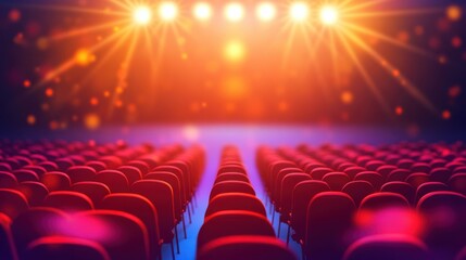 Vibrant Empty Theater Stage with Colorful Lights and Red Seats Ready for an Upcoming Performance or Event Experience
