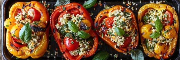 Fireroasted bell peppers covered in a layer of grilled vegetables and stuffed with a hearty blend of herbed couscous.