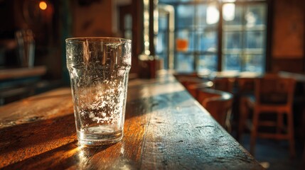 Empty beer glass on a wooden bar