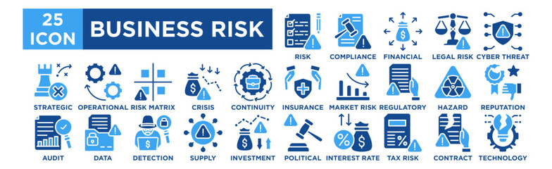 Business Risk icon collection set. Risk Assessment, Compliance Warning, Financial Exposure, Legal Risk, Cyber Threat