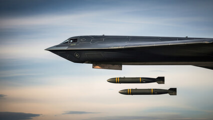 B-2 Spirit stealth bomber aircraft releases two bombs during a mission, flying against a dramatic sky, advanced military technology in action.
