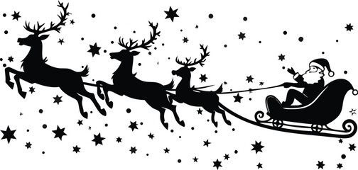 Santa Claus Sleigh Silhouette with Reindeer and Snow