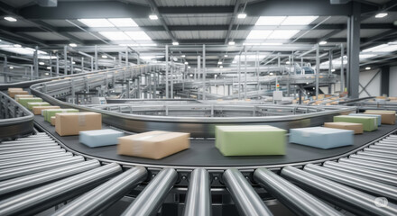 Advanced logistics warehouse featuring an automated conveyor belt system transporting packages efficiently for shipping, distribution, and order fulfillment.