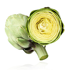 Fresh raw Artichoke falling in the air isolated on white background. High resolution image