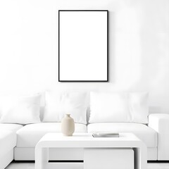 Modern minimalist living room interior with a blank framed picture hanging above a white sofa and a white coffee table with a decorative vase and book