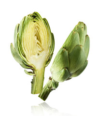 Fresh raw Artichoke falling in the air isolated on white background. High resolution image
