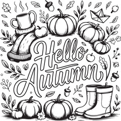 Hand-Drawn Autumn Halloween Coloring Page with Pumpkins, Boots, Paper Boat, and Cozy Fall Elements - Perfect for Kids and Seasonal Art, KDP