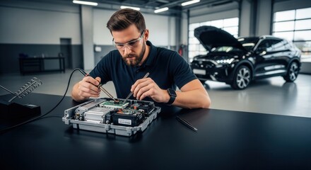 Technician in glasses soldering automotive electronic unit, electric SUV with open hood in spacious high-tech garage