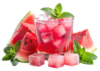 The drink is made with chunks of watermelon, mint leaves, and ice cubes, giving it a vibrant pink color isolated on white and transparent background