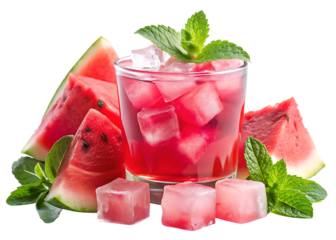 The drink is made with chunks of watermelon, mint leaves, and ice cubes, giving it a vibrant pink color isolated on white and transparent background