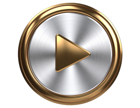 Circular Metallic Play Button with Gold-Plated Triangle Inset, Luxurious Look, Transparent PNG - Powered by Adobe