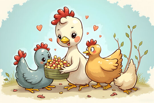 Cartoon Chickens Sharing Grain with Love Hearts Illustration