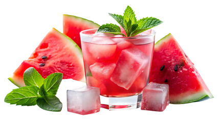 The drink is made with chunks of watermelon, mint leaves, and ice cubes, giving it a vibrant pink color isolated on white and transparent background