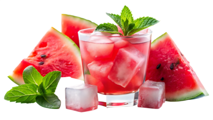 The drink is made with chunks of watermelon, mint leaves, and ice cubes, giving it a vibrant pink color isolated on white and transparent background