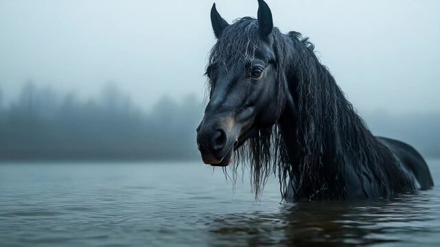 Black horse water wet animal nature fog mist lake wild outdoors forest mane portrait equine mammal dark reflection calm serene tranquil beauty power