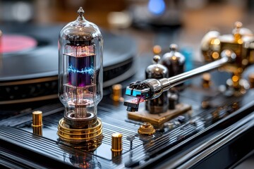 Vintage audio equipment showcasing a vacuum tube and turntable at a home music studio