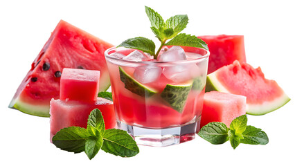 The drink is made with chunks of watermelon, mint leaves, and ice cubes, giving it a vibrant pink color isolated on white and transparent background