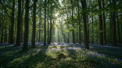 Sunlit path through a dense forest, carpeted with a vibrant display of bluebells.