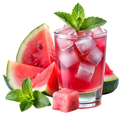 The drink is made with chunks of watermelon, mint leaves, and ice cubes, giving it a vibrant pink color isolated on white and transparent background