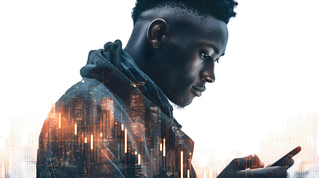 Businessman using smartphone with stock market graph and city overlay