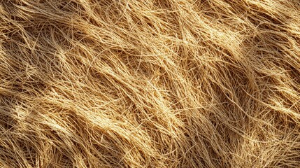 Fototapeta premium Sisal fiber background natural organic texture loose fibers scattered earth tones pale beige golden brown overhead macro photography perspective