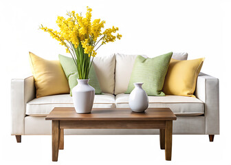 white sofa, olive green pillow, yellow spring flowers in a vase and ceramic accessories on a wooden table isolated on white and transparent background